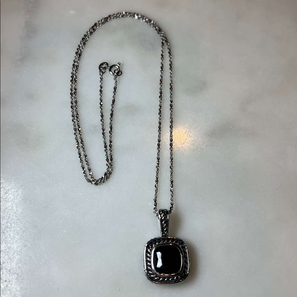 Sterling Silver Black Onyx-Like Square Pendant Necklace | 19” Chain | VNS STG - Picture 2 of 6